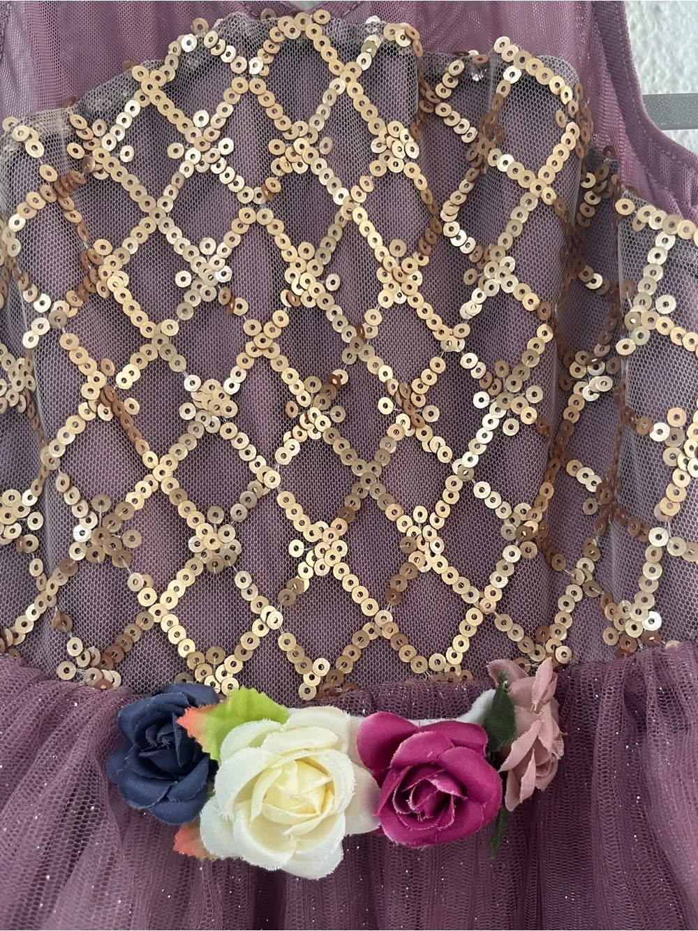 Girls Sparkle Tulle Party Dress in Dusty Mauve with Gold Accents